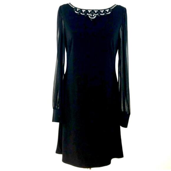 NEW Eliza J Sheer Sleeve Sheath Dress Sz 4 Black Beaded Neckline Cocktail party - Picture 1 of 8